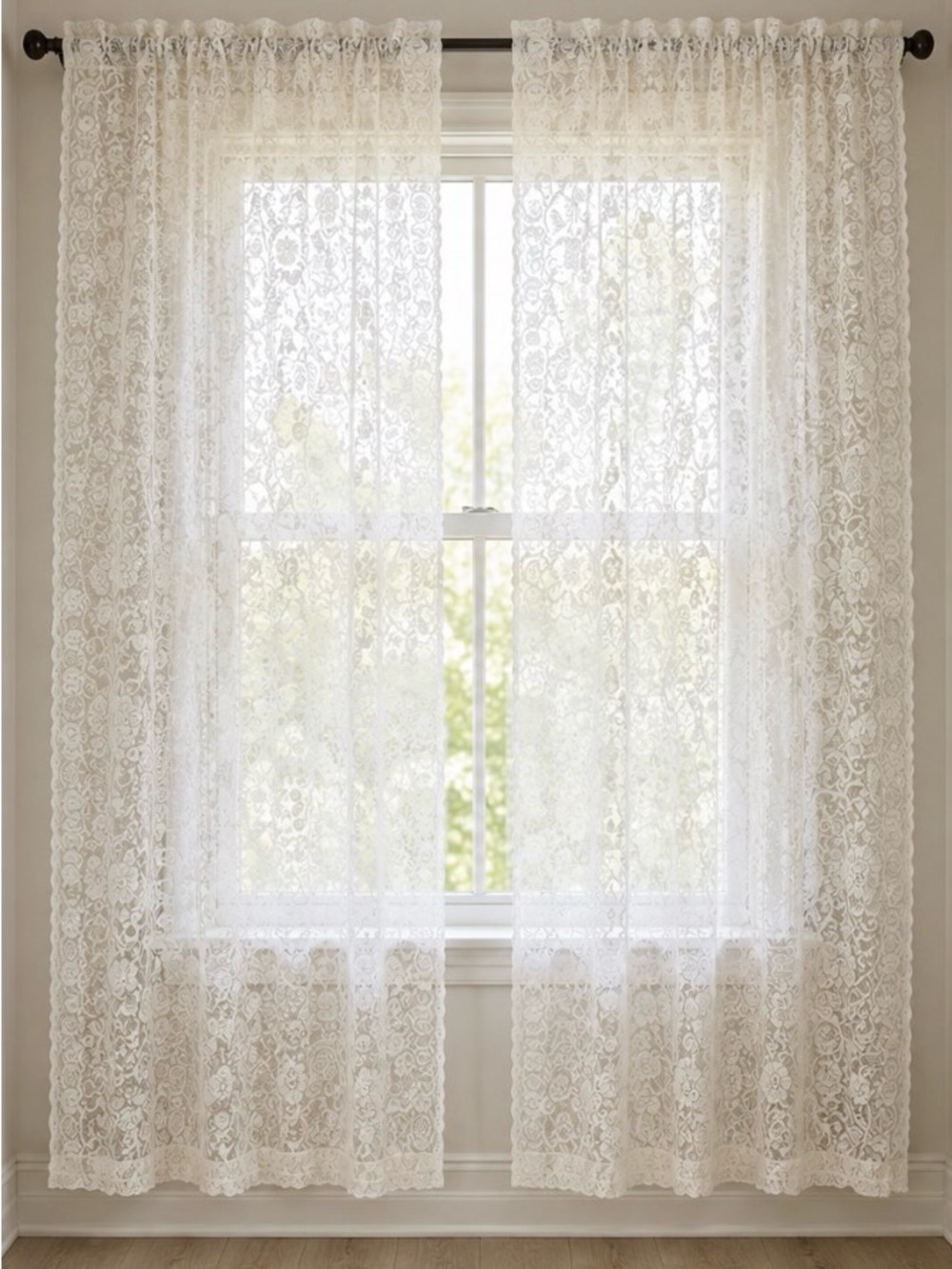 Vintage White/Ivory Floral Lace Curtain Panels – Pair – 38” x 67”